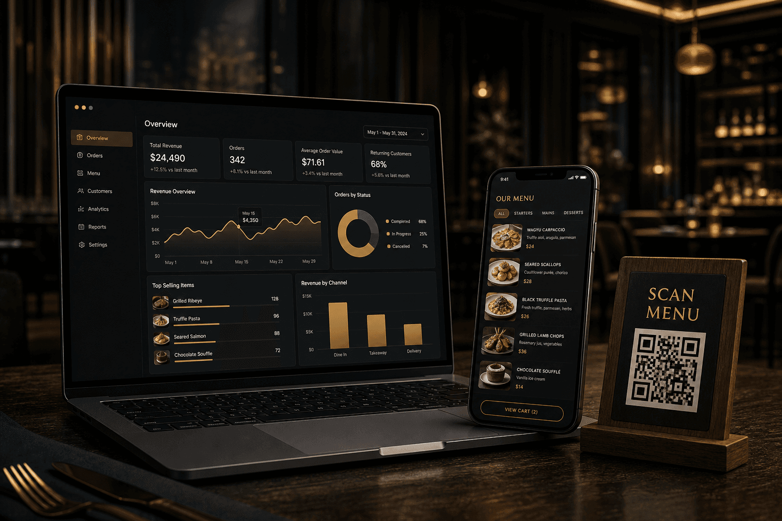 Restaurant dashboard on laptop, digital menu on phone, and QR scan stand